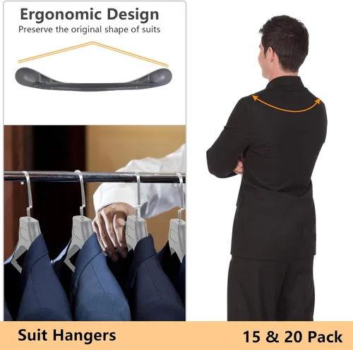 Miniatura 4 de DEDU Perchas de Plástico Extra Anchas para Trajes de Hombre, Paquete de 15, Ancho 17.7", Perchas Grises para Suéter sin Protuberancia en el Hombro