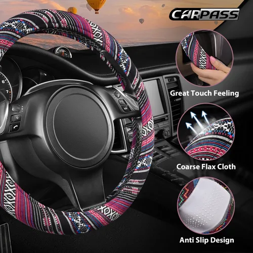 Miniatura 3 de CAR PASS Funda para Volante Estilo Bohemio, Funda Universal para Volante de Tela de Lino Étnica, Diseño Antideslizante, Se Adapta a Volantes