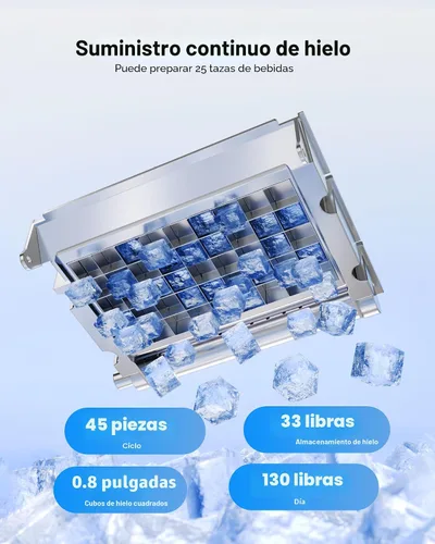 Miniatura 2 de VEVOR Máquina comercial para hacer hielo, 130 libras/24 horas con almacenamiento de 33 libras, 45 cubos por ciclo, acero inoxidable independiente