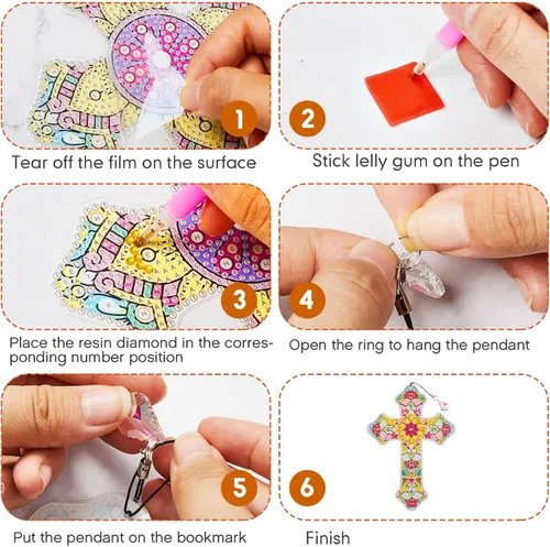 Miniatura 5 de Ireer 6 marcapáginas de arte de diamantes 5D cruzados para adultos, kit de pintura de bricolaje, regalos de Navidad, cristianos religiosos, llavero
