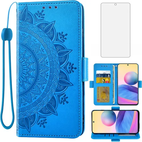 Asuwish Compatible con Xiaomi Redmi Note 10 5G Funda tipo cartera de vidrio templado, protector de pantalla de tarjeta de crédito, correa de muñeca