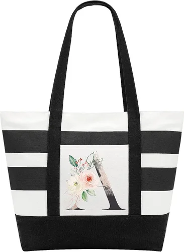 PARBEE Bolso tote de lona con iniciales, diseño de rayas y flores, con cremallera superior, bolsas de playa grandes con monograma de regalo para