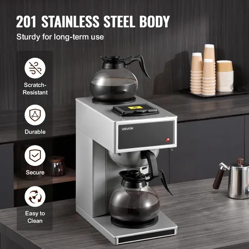 Miniatura 5 de VEVOR Cafetera comercial de goteo, cafetera de 12 tazas con 2 jarras de vidrio y 2 platos calentadores de decantador, cafetera de acero inoxidable