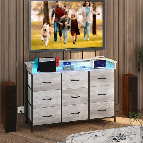 Miniatura 8 de EXOTICA Cómoda con estación de carga, 9 cajones para dormitorio con luces LED, cómoda de tela alta y ancha para armario, pasillo, entrada, marco
