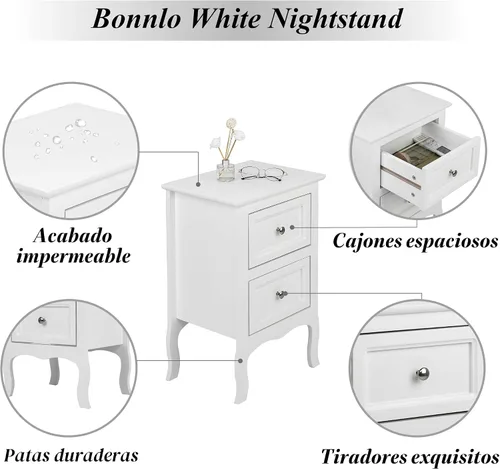 Miniatura 4 de Bonnlo Juego de 2 mesitas de noche blancas con 2 cajones, mesa auxiliar de cama/mesita de noche, mesita de noche pequeña para dormitorio, espacios