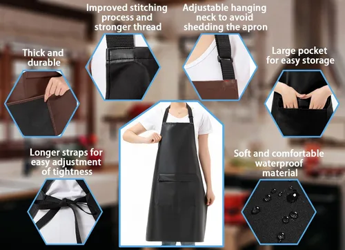 Miniatura 4 de Delantal de cuero de vinilo negro con bolsillos para mujer, impermeable para cocina, cocina, lavavajillas, aseo de perros