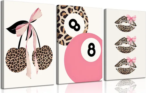 Miniatura 8 de Conjunto de 3 modernos pósteres de pared de leopardo en lona con bola de la suerte número 8, arte de pared elegante, decoraciones de pared