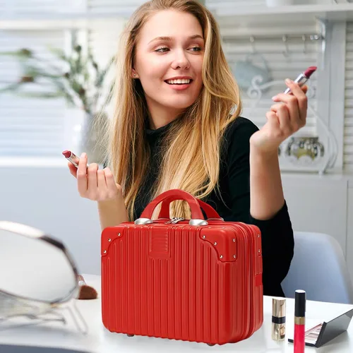Miniatura 2 de Viaje de maquillaje para mujeres y niñas, estuche portátil impermeable para cosméticos de ABS con banda elástica y cremallera, funda rígida