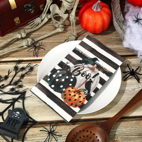 Miniatura 3 de Servilleta de papel de 3 capas desechable para invitados de Halloween, toalla de mano con rayas de calabaza y cuervo, servilletas de cena