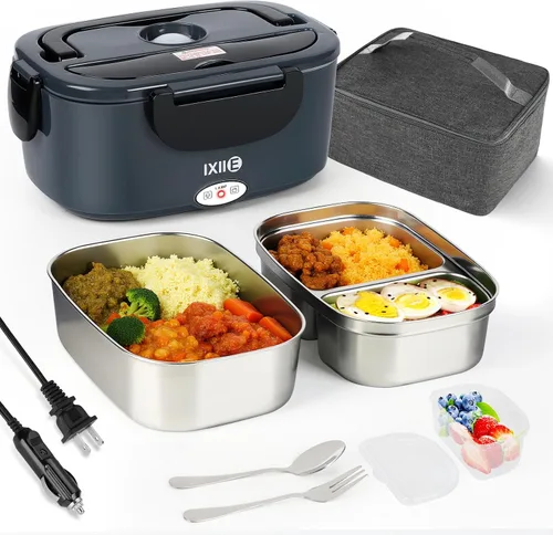 Miniatura 10 de IXIIE Lonchera eléctrica de 80W, calentador de alimentos para el trabajo, 12V/24V/110V, lonchera portátil para adultos con 2 envases de acero