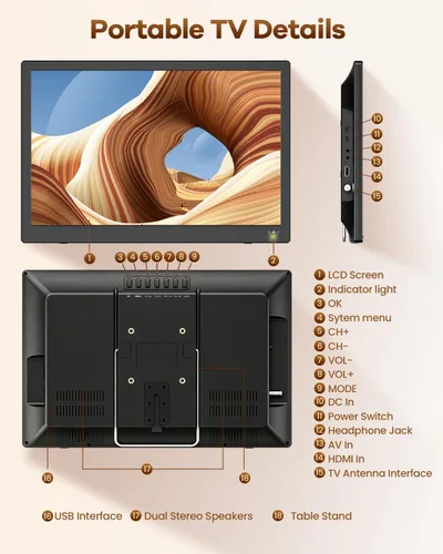 Miniatura 7 de NORTHING Televisor portátil de 17.2 pulgadas con antena, 7000 mAH integrado con entrada USB/HDMI/AV, T V pequeño de 12 V para camping, cocina