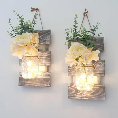 Conjunto de Decoración de Pared Rústica de Dos Piezas - Apliques de Frasco Mason con Luces de Hadas LED y Flor de Rosa, Decoración del Hogar Arte de