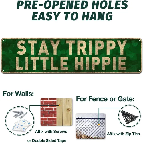 Miniatura 3 de Cartel de hojalata divertido – Letrero de estaño con texto en inglés «Stay Trippy Little Hippie», letreros de metal retro para decoración de pared