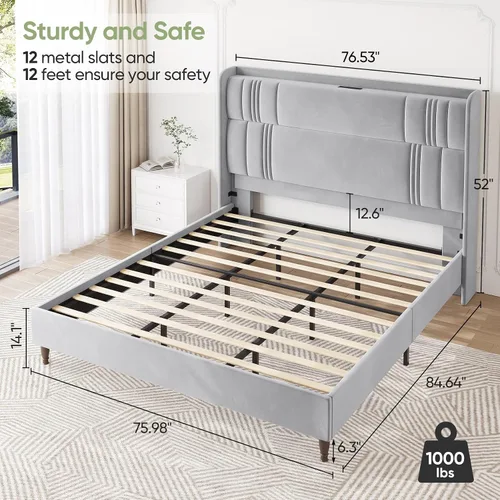 Miniatura 2 de Base de cama tamaño King y cabecera alta, base de cama tapizada de 52 pulgadas con estación de carga, marcos de cama de terciopelo de lujo, cabecera