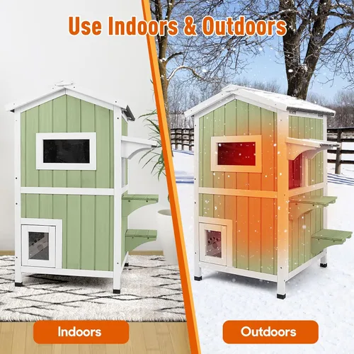 Miniatura 5 de Casa cálida aislada para gatos de 2 pisos, refugio resistente a la intemperie para gatos con 2 plataformas, capas térmicas, 2 puertas de escape