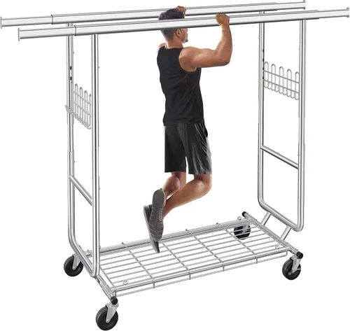 Miniatura 10 de Gewudraw Perchero resistente para ropa con capacidad de carga de 240 kg, estante de ropa de metal con ruedas y estantes resistentes, perchero Plata