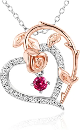 SNZM Collar de piedra natal para mujer, plata de ley 925, corazón de historia de amor, joyería de flores de rosas, collares con dije, cumpleaños,