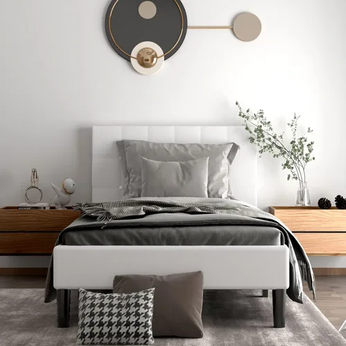 Miniatura 2 de Base de cama individual tapizada con cabecero, base de colchón de soporte de listones de madera maciza, no necesita somier y de fácil montaje, Beige
