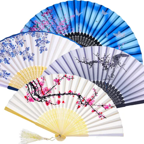 Zonon Paquete de 4 abanicos plegables florales de mano, abanicos de bambú de seda con borla para mujer, ventilador plegable de mano ahuecado con