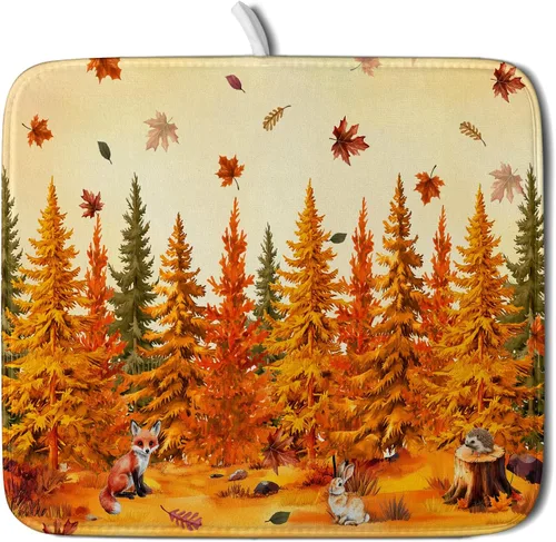 Alfombrilla de secado de platos para encimera de cocina pequeña absorbente de café de otoño Alfombrilla de secado de microfibra de bosque de otoño