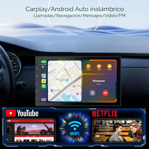 Miniatura 2 de Pantalla inalámbrica CarPlay para coche y unidad principal Android Auto – Pantalla táctil de 7 pulgadas doble DIN estéreo de coche con cámara