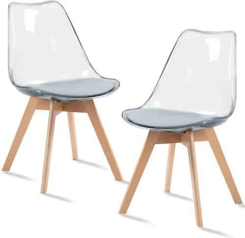 Miniatura 13 de Juego de 2 sillas de comedor transparentes, modernas sillas de comedor de acrílico con cojines de piel sintética y patas de madera, sillas laterales