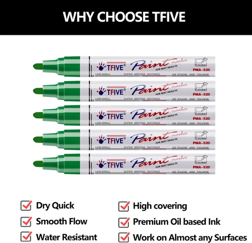 Miniatura 2 de TFIVE Rotuladores de pintura verde – Paquete de 5 rotuladores permanentes a base de aceite, punta media, impermeables y de secado rápido