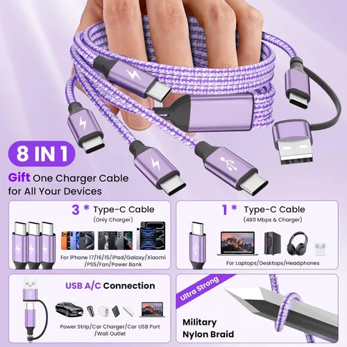 Miniatura 3 de Cable de carga múltiple 4 en 2, cable USB C a USB C con 4 X tipo C, cable de carga de teléfono de viaje para iPhone 17/16/15, Galaxy, Android
