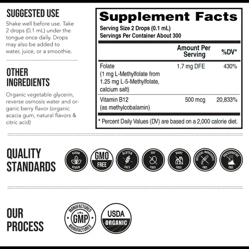 Miniatura 6 de Folato de metilo orgánico de 1000 mcg + Cofactor de metilo B12 (300 porciones) – Forma metabólicamente activa de 5-MTHF, sabor a bayas orgánicas