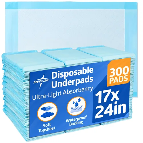Medline Almohadilla de Absorción Ligera, 17" x 24", 300 Unidades, Protectores Desechables, Protección para Cama, Muebles y Superficies, Para Niños,