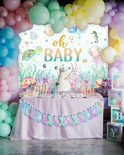 Miniatura 3 de Avezano Fondo para baby shower con texto en inglés "Under The Sea", para baby shower, fondo de fotografía de baby shower, decoración subacuática, 7
