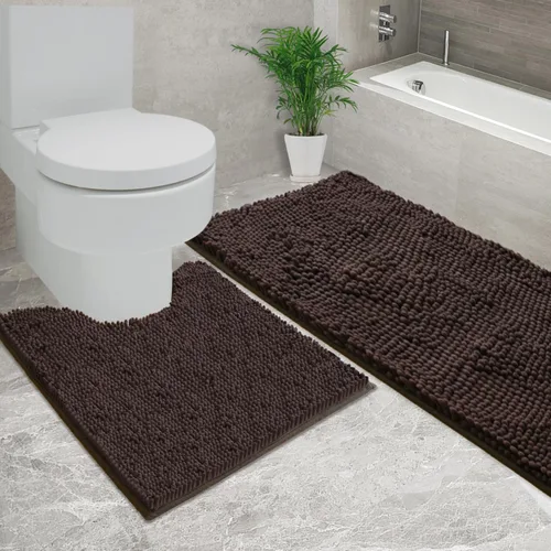 Miniatura 49 de Juego de 2 tapetes de baño de chenilla, superabsorbentes, con fuerte respaldo antideslizante de PVC, tapetes de baño para baño, peludos