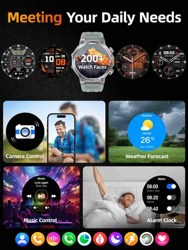Miniatura 9 de KPEP Military Watches for Men with 2 Straps (Bluetooth Call), 1.75" HD Screen Military Watch with Flashlight, 800mAh Battery, SpO2 Heart Rate Sleep