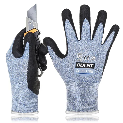 Miniatura 13 de DEX FIT Guantes resistentes a cortes extremos nivel 5 Cru553, agarre de poder antideslizante y delgado, ajuste cómodo 3D de grado profesional, Azul