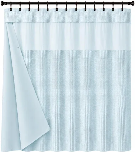 Miniatura 16 de Juego de cortina de ducha de tejido gofre con forro – Cortina de baño moderna con ventana superior de malla – Diseño de tela de alta calidad