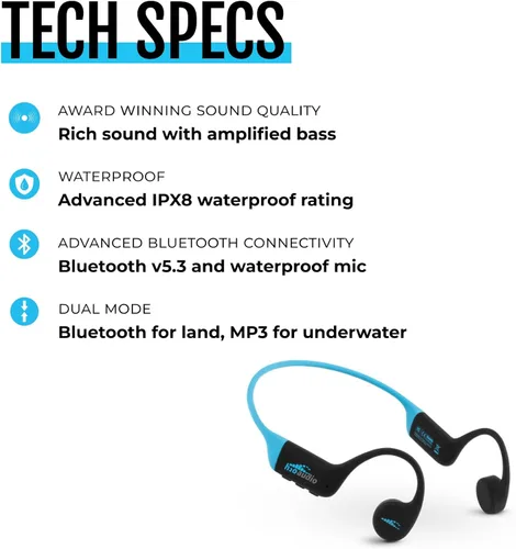 Miniatura 7 de H2O Audio TRI 2 Multisport - Auriculares impermeables de conducción ósea de oído abierto, Bluetooth 5.3 para correr y ciclismo, modo MP3