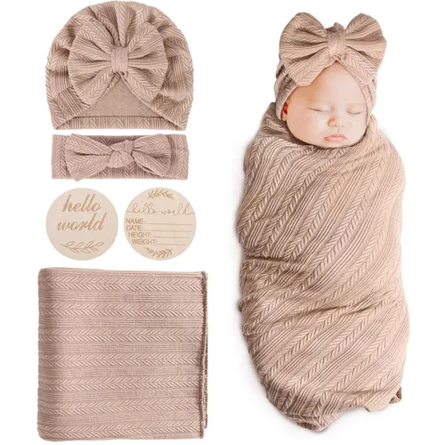 DRESHOW BQUBO Mantas envolventes para bebés niñas, juego de 4 accesorios para recién nacidos con gorro a juego y cinta con moño con tarjeta de 1