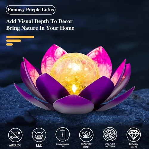 Miniatura 2 de AIINY Luz solar al aire libre (paquete de 2), decoración de loto de cristal, LED solar, impermeable, luces de flores de metal morado para patio, Azul