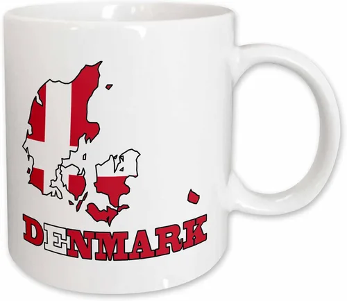 Miniatura 12 de 3dRose La bandera de Dinamarca en el mapa del contorno del país y el nombre, Dinamarca. Taza negra de dos tonos de 11 oz