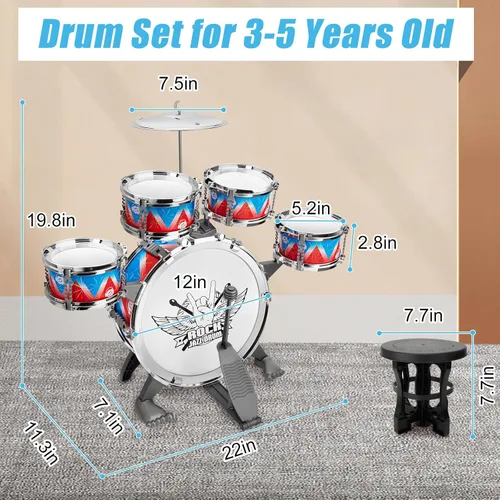 Miniatura 4 de Juego de batería para niños pequeños, kit de batería de jazz con taburete, instrumentos musicales, juguetes de cumpleaños, Navidad, regalos