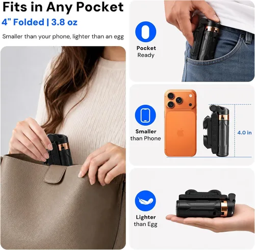 Miniatura 5 de Mini Selfie Stick Tripod, 4" Pocket-Sized Selfie Stick with Bluetooth Remote, 4-Leg Reinforced Stand, 360° Rotation, 3.8 oz Lightweight for