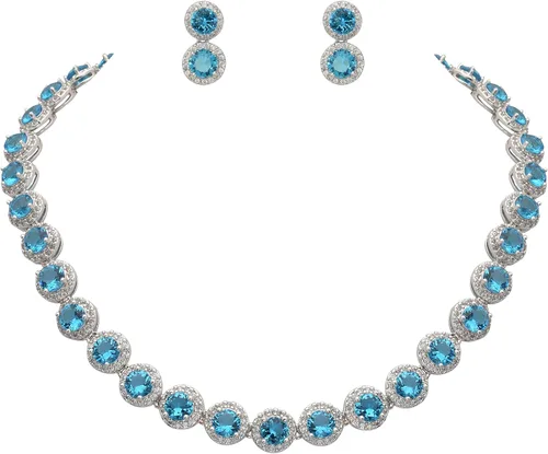 EVER FAITH Gorgeous Round Cut Cubic Zirconia Birthstone Bridal Necklace Earrings Tennis Bracelet Sets Wedding Prom Jewelry Set for Women