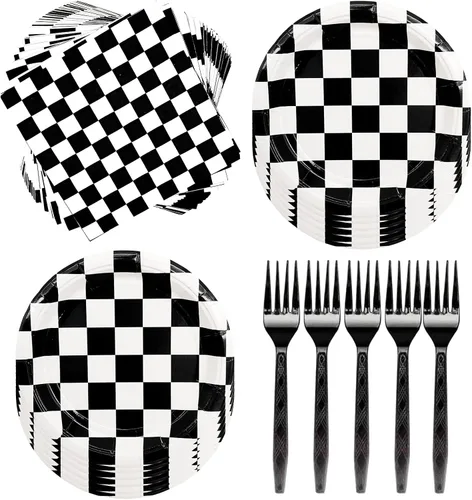60 piezas de suministros de fiesta a cuadros en blanco y negro – Juego de vajilla de carreras con platos de 7 pulgadas, servilletas de bandera a