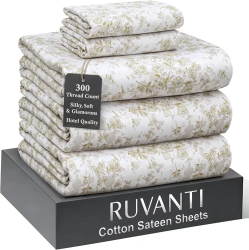 Miniatura 22 de RUVANTI Juego de sábanas de 100 % algodón tamaño matrimonial, tejido de satén suave y sedoso de 300 hilos, refrescante, ligero y transpirable, Beige
