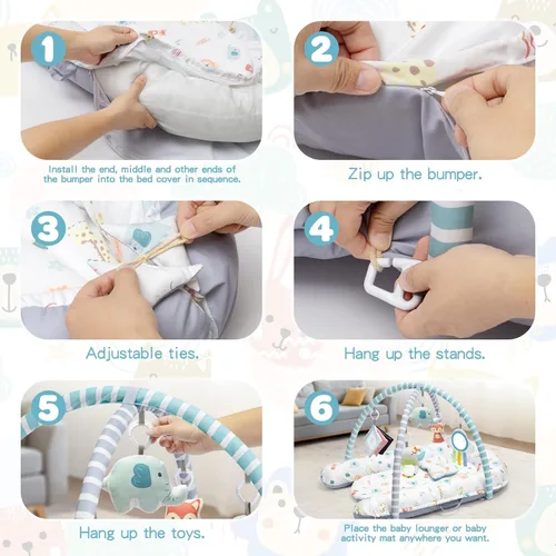 Miniatura 17 de Tapete de juego para bebé, tapete de gimnasio 7 en 1 para desarrollo sensorial y motor, lavable y portátil, tapete de actividad de tiempo boca abajo