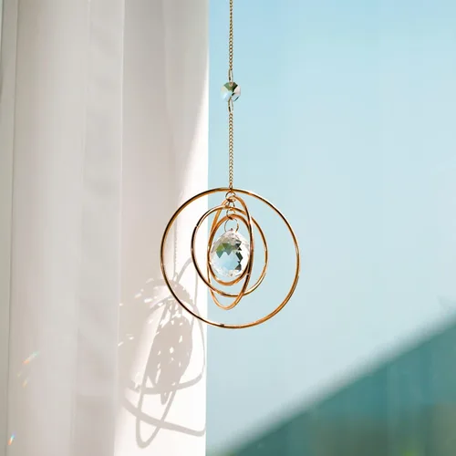 Miniatura 7 de Atrapasoles de Cristal Galaxia, Atrapasoles Colgante para Ventana de Arcoíris, Atrapasoles de Bola de Cristal Prisma con 4 Círculos de Latón