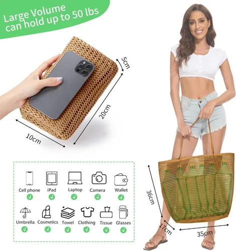 Miniatura 2 de KALIDI Bolso de Mano de Nylon de Playa con Malla, Bolso de Mano Casual Hobo para Mujer, Plegable, MAX 23L, Bolso de Hombro para Playa, Picnic