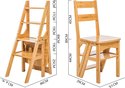Miniatura 3 de Silla plegable de madera maciza, escalera de biblioteca portátil de 4 escalones, silla plegable convertible para adultos, oficina, hogar, cocina al