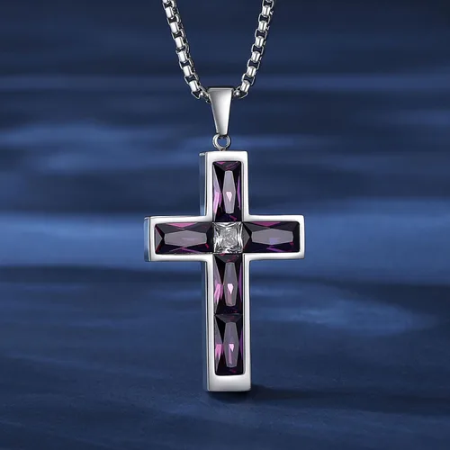 Miniatura 36 de Collar de cruz para hombre, piedras preciosas de color piedra natal de circonita cúbica, collar de acero inoxidable para hombre, cadena de 24