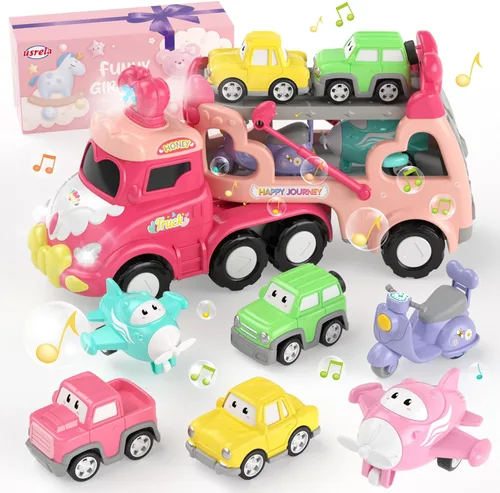 usrela Juguetes para niñas de 2 a 3 años, camión de transporte 7 en 1 con luz y música, juguetes para niñas de 2 a 4 años, 3 a 5 años, camiones de